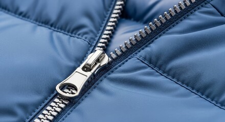 down jacket zipper closeup &mdash; macro shot of winter jacket zipper for apparel, manufacturing and textile detail topics.