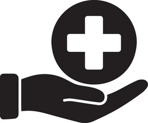 Hand Holding Medical Cross Icon. Hospital Logo Icon. Healthcare Support and Medical Insurance Silhouette. Charity and Caring Symbol.
