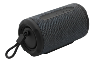 Wireless portable speaker with black fabric mesh and strap on isolated background