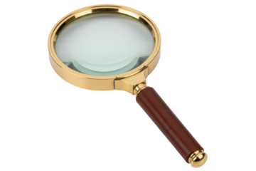 Magnifying glass tool with gold metal rim and brown handle on isolated background