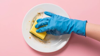 Hand in blue glove uses sponge for cleaning dirty plates, hygiene in kitchen and food industry and techniques