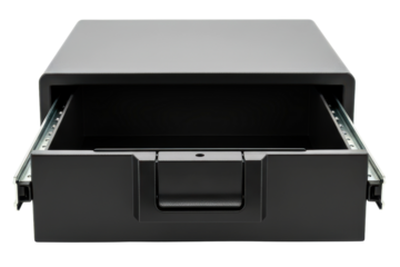 Open black metal storage drawer with handle and sliding rails on isolated background
