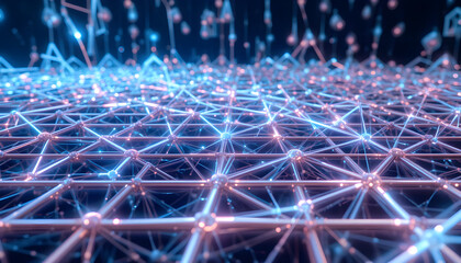 Stunning dynamic digital network structure glowing with vibrant blue and pink light against dark background