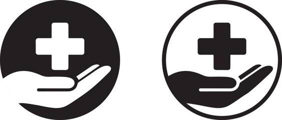 Medical cross in hand icon set. Hospital Logo Icon. Healthcare and insurance vector symbols. Black circle Charity and Caring Symbol with negative space logo.