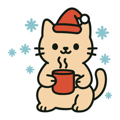 Cute Cat in Santa Hat Holding Hot Drink Mug with Snowflakes, Cozy Winter Holiday Vector Illustration