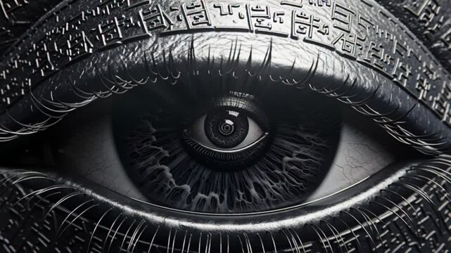 The watchful gaze of a robotic eye, featuring elaborate metallic textures and cryptic digital symbols, signifying AI, surveillance, and future tech