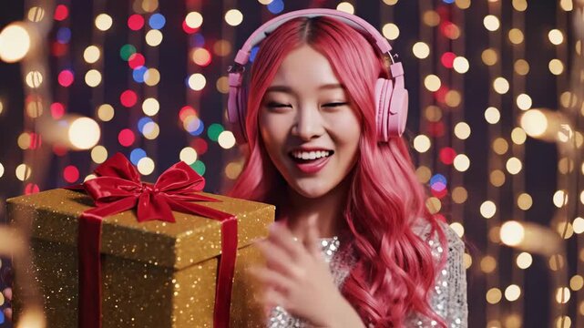 asian woman pink headphones holding gift, sparkling bokeh lights, glitter present wrapped red ribbon, laughing and blowing kiss, silver sequin outfit, studio holiday unboxing vibe, influencer energy.