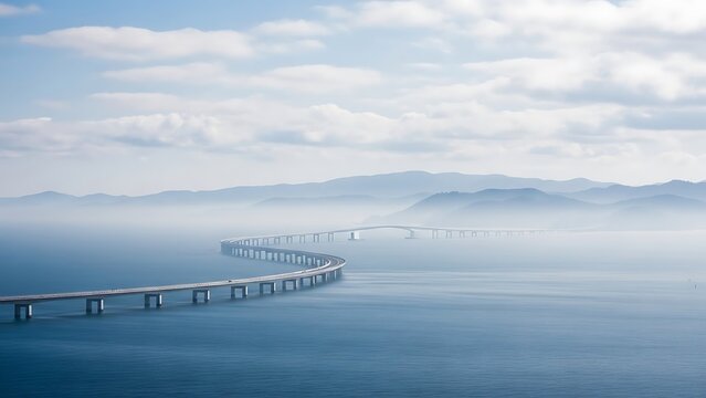 Long bridge over calm water with misty mountains in the distance.