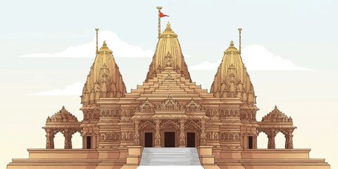 A detailed illustration of a Hindu temple featuring crisp architectural lines, soft gold and sandstone gradients, and a balanced symmetrical layout