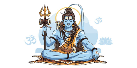 Obraz premium A refined illustration of Lord Shiva featuring clean outlines, smooth skin gradients, symbolic details such as the trident, crescent moon, and sacred aura