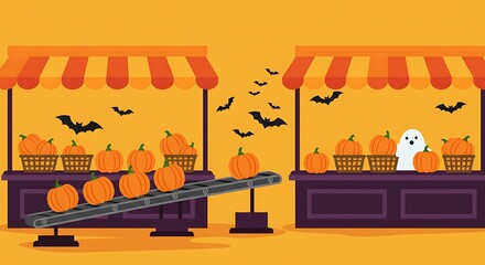 Halloween pumpkin market with a conveyor belt and a friendly ghost, ready for autumn harvest and spooky celebrations