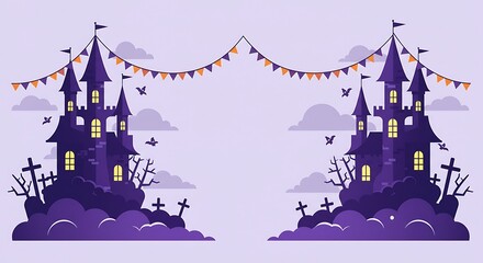 Spooky purple castles with spooky banners and gravestones on a light purple background for Halloween