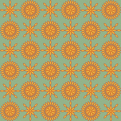 The floral abstraction geometric modern retro design on muted green background. Ideal for upholstery, curtains, traditional batik, fabrics or retro themed interiors.