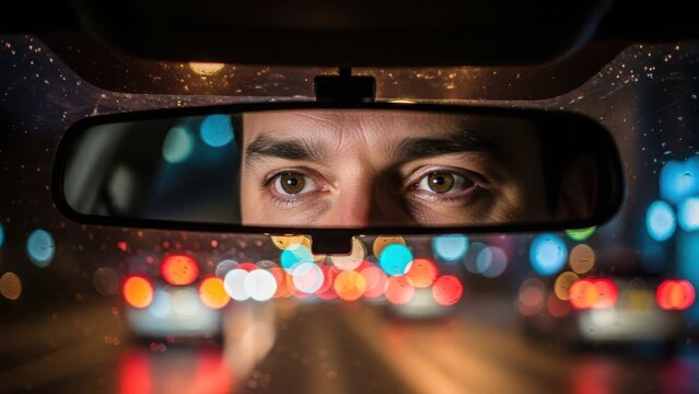 Man's eyes reflected in rearview mirror during night driving, showing focused gaze on road ahead. City lights blur behind a driver engaged in night driving, maintaining vigilance and concentration.