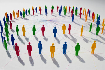 Colorful Human Figures Connected by Dotted Lines on White Background Representing Social Networking, Teamwork, Leadership, and Community Structure