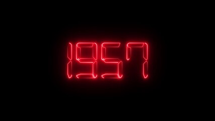 Neon red digital LED numbers display showing 1956 on black background, glowing electronic number animation, retro futuristic time and year concept, scoreboard and countdown style