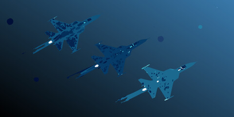 Obraz premium Three fighter jets flying in formation against a dark blue sky