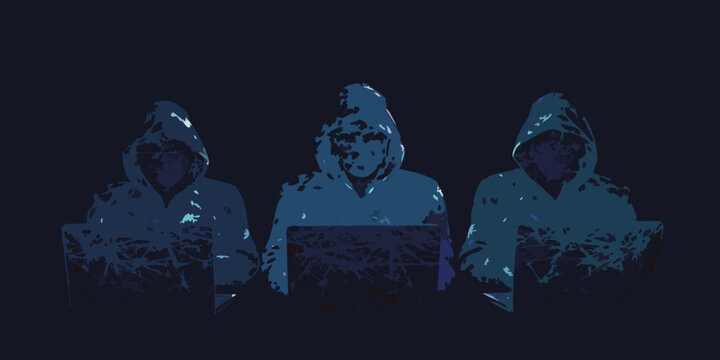 Three anonymous hackers coding in the dark cyber security concept