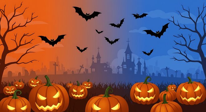 Spooky Halloween scene with carved pumpkins, flying bats, and a haunted castle in the background, perfect for festive decorations and spooky events