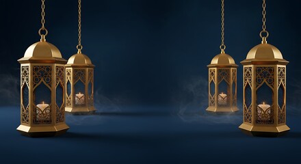 Obraz premium Elegant Golden Lanterns with Warm Candlelight Suspended in a Moody Blue Atmosphere Enhanced by Soft Haze, Creating a Festive Ambiance for Celebrations