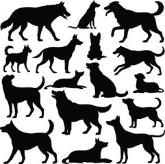 Collection of Various Dog Breed Silhouettes, Diverse Canine Poses Vector Set, Multiple Dogs in Black Silhouette, German Shepherd and Mixed Breed Dog Icons, silhouette, vector, illustration.