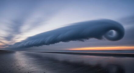Dramatic Roll Cloud Formation Over Calm Water at Sunset.
