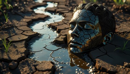 A cracked, metallic face sculpture lies partially buried in a dry, cracked riverbed with a small stream of water.
