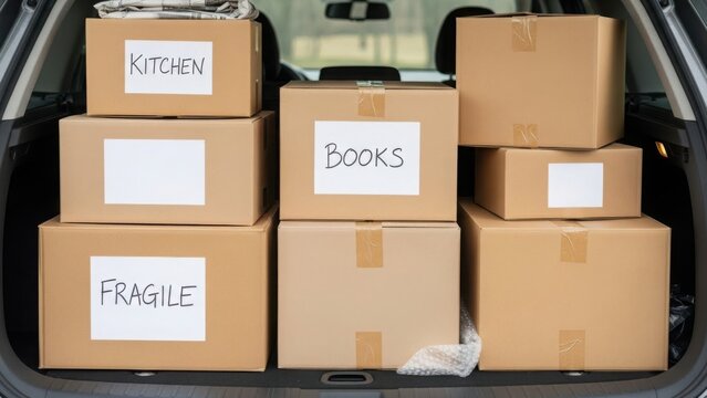 Cardboard moving boxes packed inside car trunk, ready for family relocation. Moving boxes contain personal belongings, labeled for kitchen, books, and fragile items, showing diligent organization.