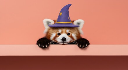 An adorable fluffy red panda, wearing a charming purple wizard hat, peeks curiously over a two-tone wall, creating a whimsical and enchanting scene perfect for a magical or fantasy-themed design