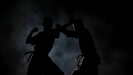 taichi. Two martial artists are captured in a dynamic, powerful pose against a dark, abstract backdrop. event key visuals, club posters, designed for sports event promotions and stadium branding.