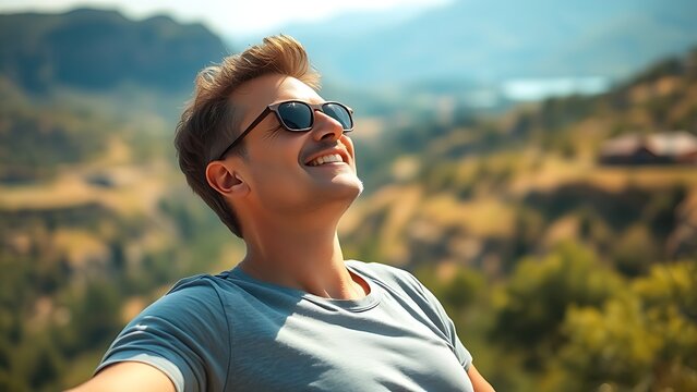 vacationer. A serene traveler enjoys a breathtaking view, embodying peace and relaxation in natural sunlight. tourism brochures, itinerary planners, designed for travel destination branding.