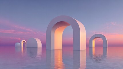 3d render, abstract panoramic background, northern futuristic landscape, fantastic scenery with calm water, simple geometric mirror arches and pastel blue gradient sky. Minimal zen aesthetic wallpaper