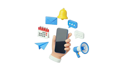 Hand Holding Phone with Notifications and Communication Icons