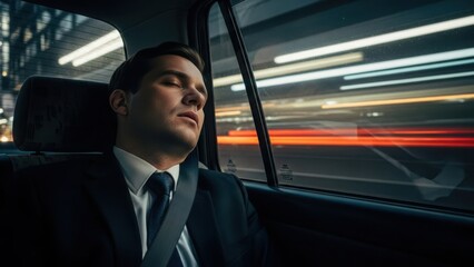 Man sleeping car, dark interior with motion blurred city lights outside. Exhausted businessman finds rest during evening commute, tired man sleeping car after long day.