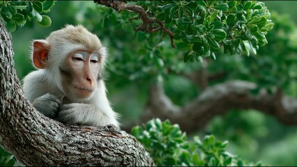 A young monkey perched on a thick branch, surrounded by lush green leaves. The monkey blinks and curiously looks left and right - Powered by Adobe