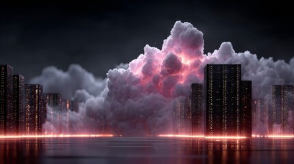 Dramatic cyberpunk cityscape emerges from glowing pink clouds during a dark, atmospheric night with illuminated skyscrapers reflecting vibrant lights.