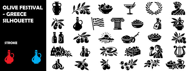 Olive Festival Greece Silhouette Vector &ndash; Mediterranean Harvest Celebration Icons
