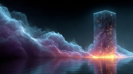 Futuristic cityscape emerges from ethereal clouds over shimmering water, a beacon of innovation and modern progress glowing brightly at dusk.