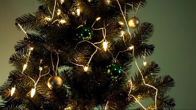 Festive Evergreen With Green-Gold Decorations and Cozy Christmas Lighting
