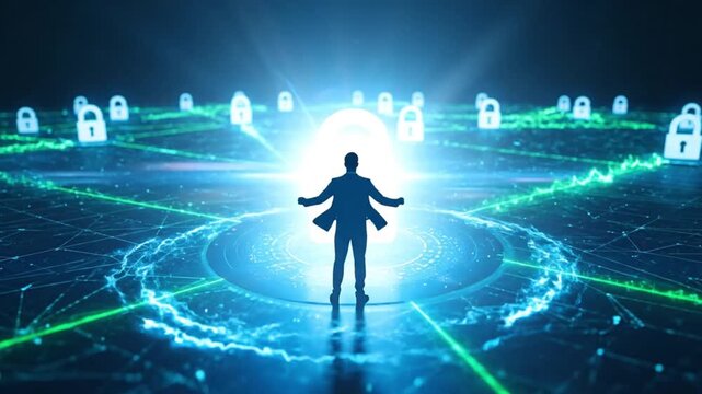 Cybersecurity concept: Silhouette in glowing digital network with padlock icons, symbolizing data protection & control.