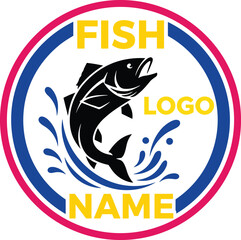 Fish Jumps Out of Water Logo Template, Circular Badge with Splashing Water, Ideal for Fishing, Seafood, Sport, and Outdoors Apparel Branding, Bright Colors