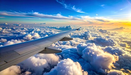 Aerial view of plane wing over fluffy clouds, sunlit sky