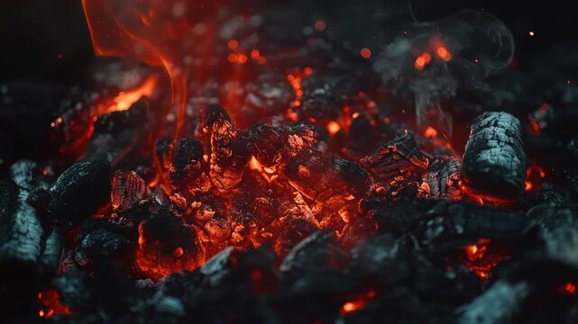 Embers glow brightly at night as fire begins to fade away gently
