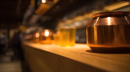 In the warm light, a sparkling copper pot reflects the light on the wooden strip, which has a beer glass and a soft focus. Bar promotion.
