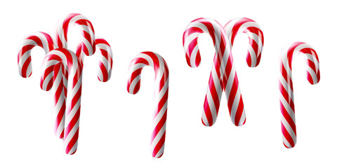 Obraz premium Candy cane 3D, fruit iced stick. Winter season caramel tasty lollipop. Red new year pattern, bent shape for xmas gift. Twisted ropes holiday dessert ribbon isolated. Sweet food set, sugar cute snack