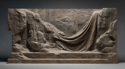 Ancient Stone Relief: Intricate stone relief depicting a draped fabric cascading over a rocky landscape, evoking a sense of history and artistry.