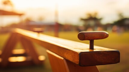Wooden seesaw in a peaceful park at golden hour, showing perfect equilibrium. event key visuals, club posters, designed for sports event promotions and stadium branding.