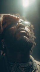 Man Shielding Eyes from Sun: A man with a thoughtful gaze shields his eyes from the sun's brilliance, framed by sunglasses. This striking portrait captures the play of light and shadow