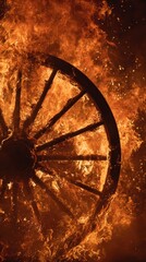 Burning Wheel: An antique wooden wheel engulfed in flames, a striking symbol of destruction and transformation, with the flames casting a mesmerizing glow.