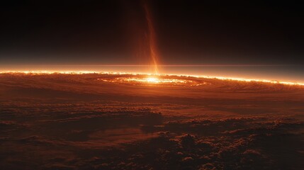 Celestial Sunrise over Cloudscape: A breathtaking view capturing the radiant birth of dawn over a vast cloudscape, painting the horizon with a symphony of warm hues.